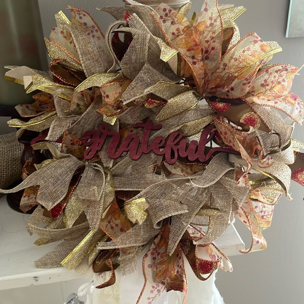 Handmade Fall Autumn Thanksgiving Ribbon Twine “Grateful” Wreath Made on 8” Ring